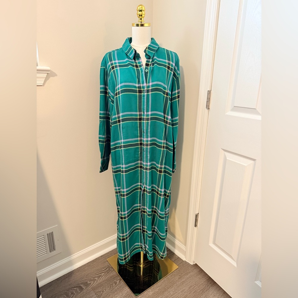 Cozy PajamaGram Green Plaid Full Length Flannel Nightgown XL
